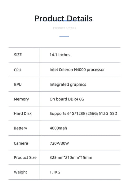 BYONE 14.1 Inch Laptop Intel N4000 8GB RAM 256GB 512GB SSD Windows 11 Notebook 1920*1080 IPS LCD Wifi HDMI USB laptop PC