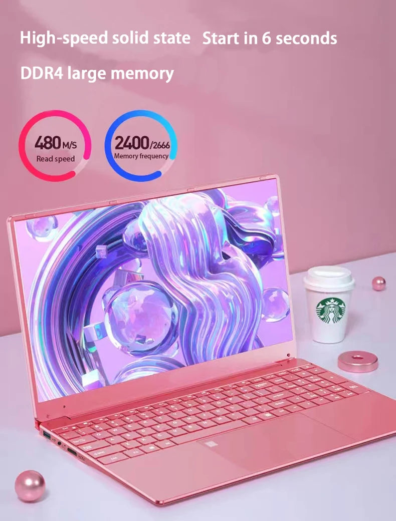 15.6 Inch Pink Laptop Windows 11 10 Pro 1920*1080 Cheap Portable Intel Laptop D4 12G RAM 128GB/256GB/512GB/1TB SSD HDMI Port