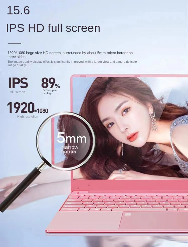 15.6 Inch Pink Laptop Windows 11 10 Pro 1920*1080 Cheap Portable Intel Laptop D4 12G RAM 128GB/256GB/512GB/1TB SSD HDMI Port